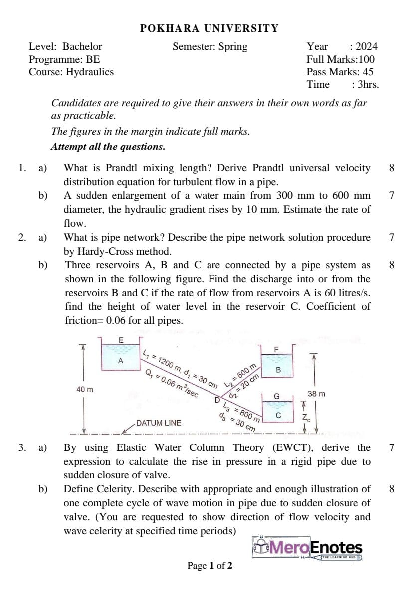 PU BE Civil Hydraulics Question paper 4th Semester - Mero Enotes