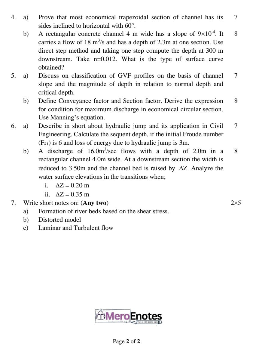 PU BE Civil Hydraulics Question paper 4th Semester - Mero Enotes