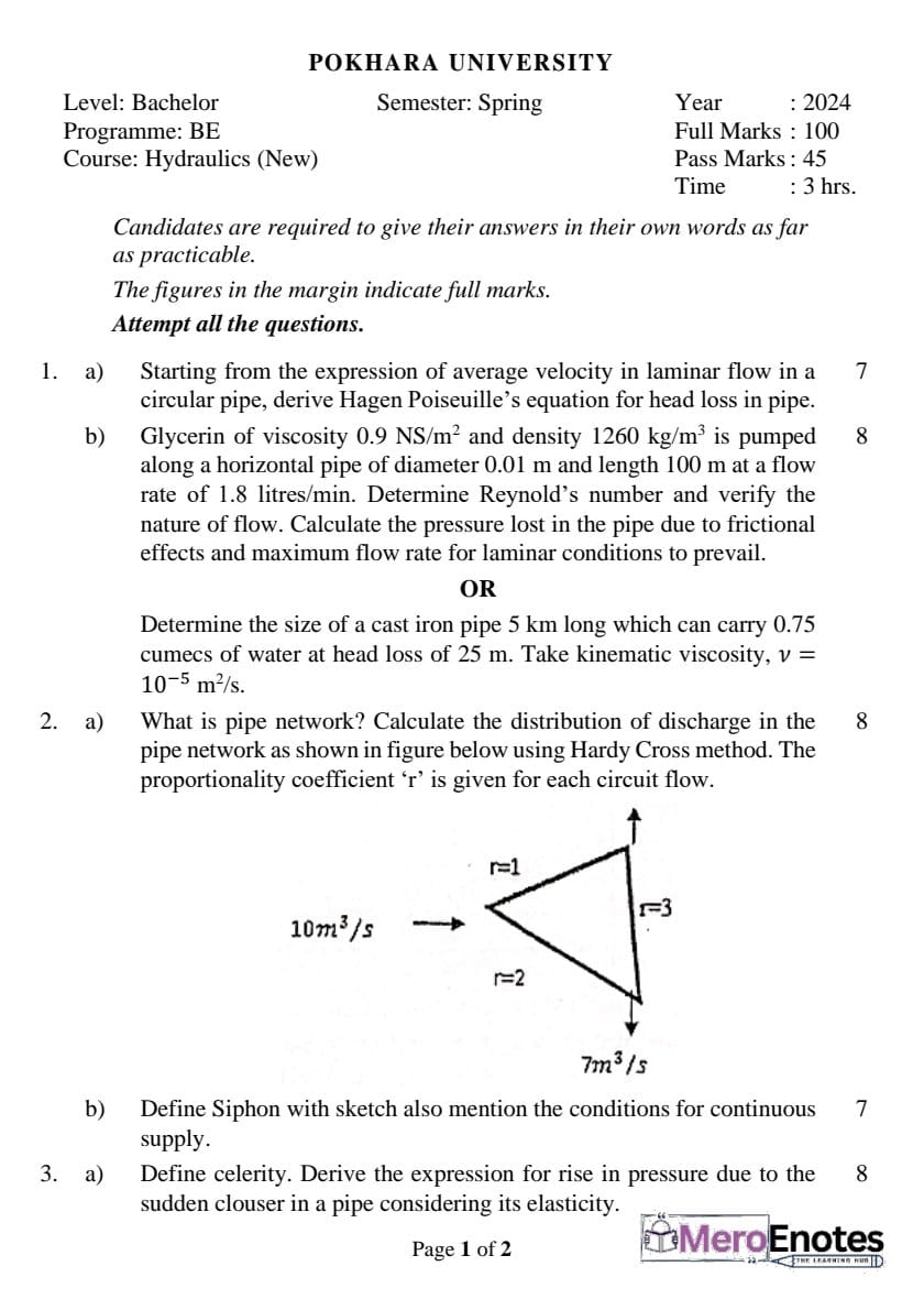 PU BE Civil Hydraulics Question paper 4th Semester - Mero Enotes