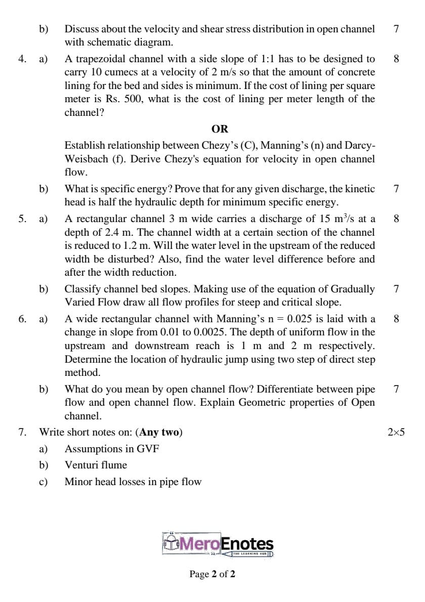 PU BE Civil Hydraulics Question paper 4th Semester - Mero Enotes