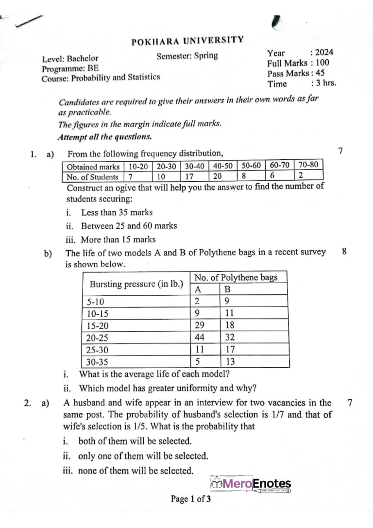 PU BE Civil Probability and Statistics Question paper 4th Semester ...