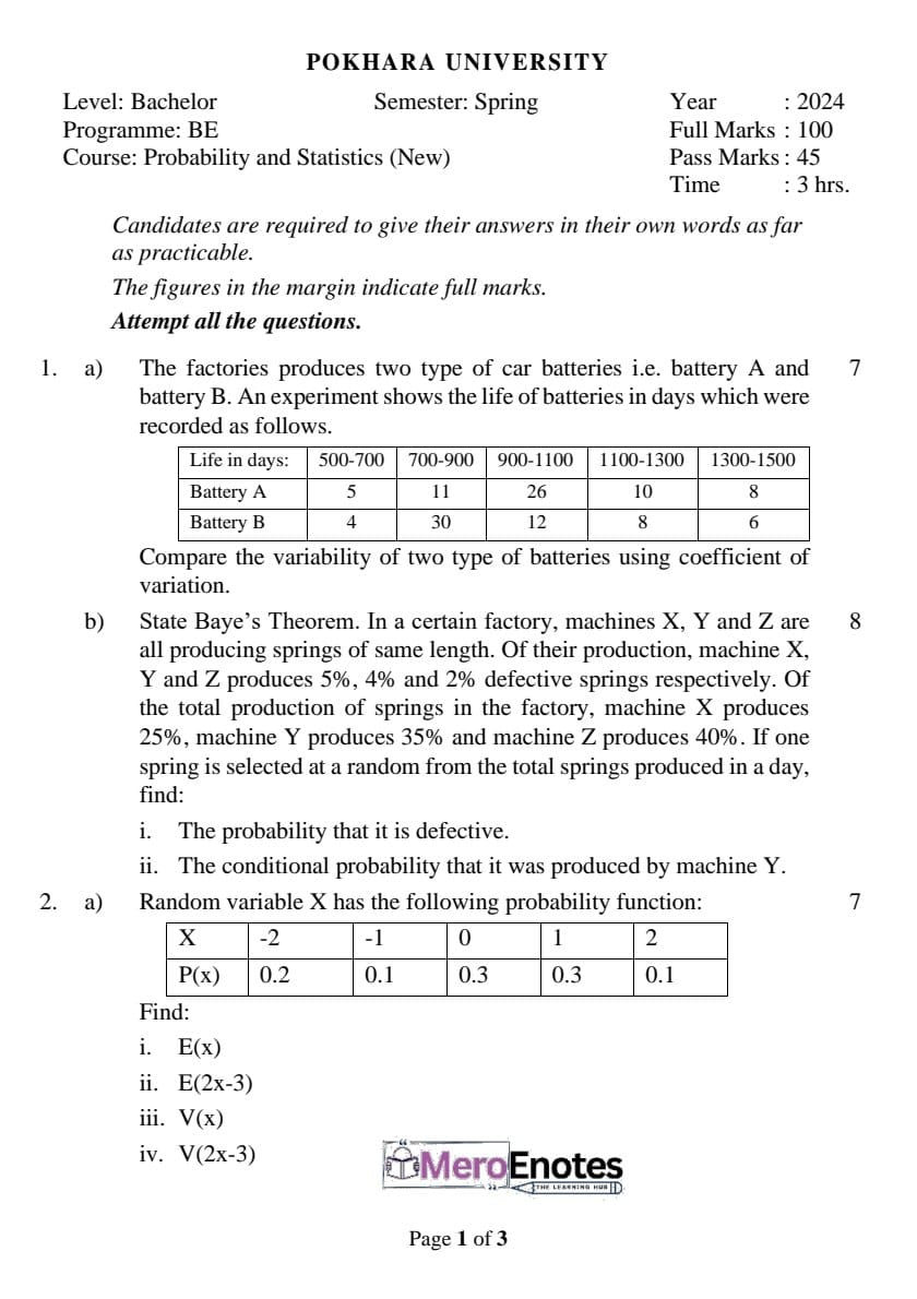 PU BE Civil Probability and Statistics Question paper 4th Semester ...