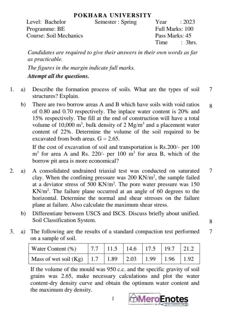 PU BE Civil Soil Mechanics Question paper 5th Semester - Mero Enotes