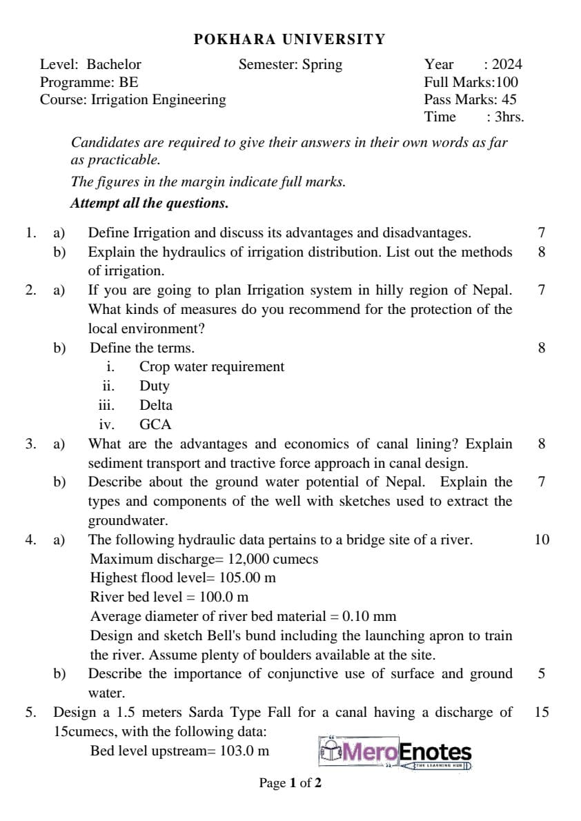 PU BE Civil Irrigation Engineering Question paper 6th Semester - Mero ...