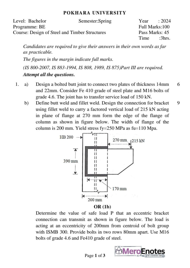 PU BE Civil Design of Steel and Timber Structure Question paper 6th Semester