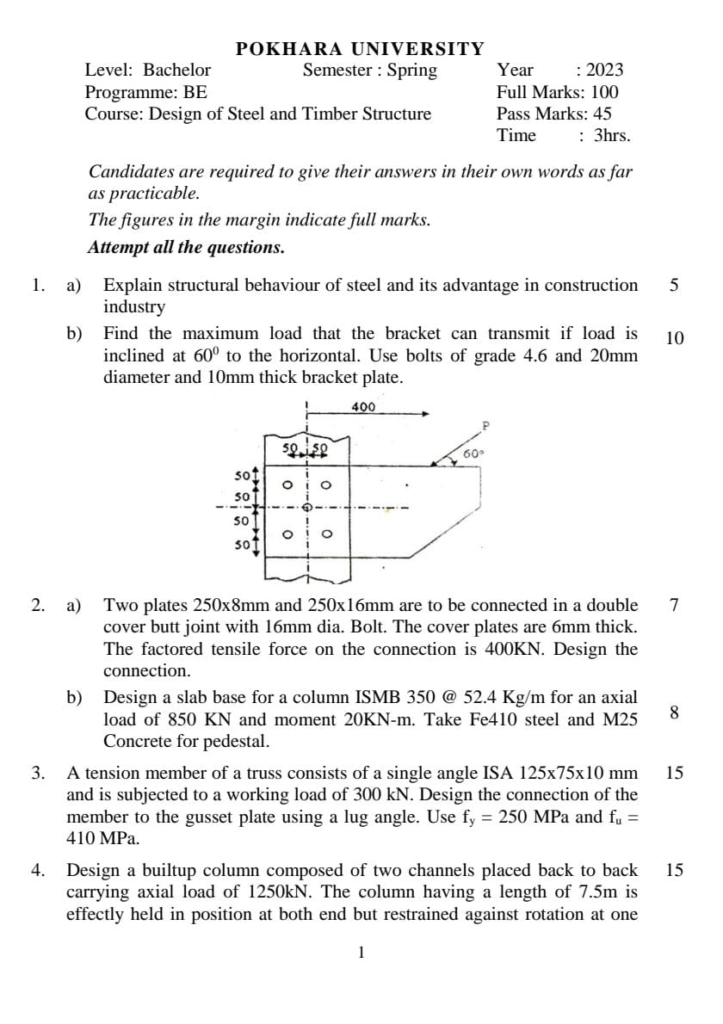 PU BE Civil Design of Steel and Timber Structure Question paper 6th Semester