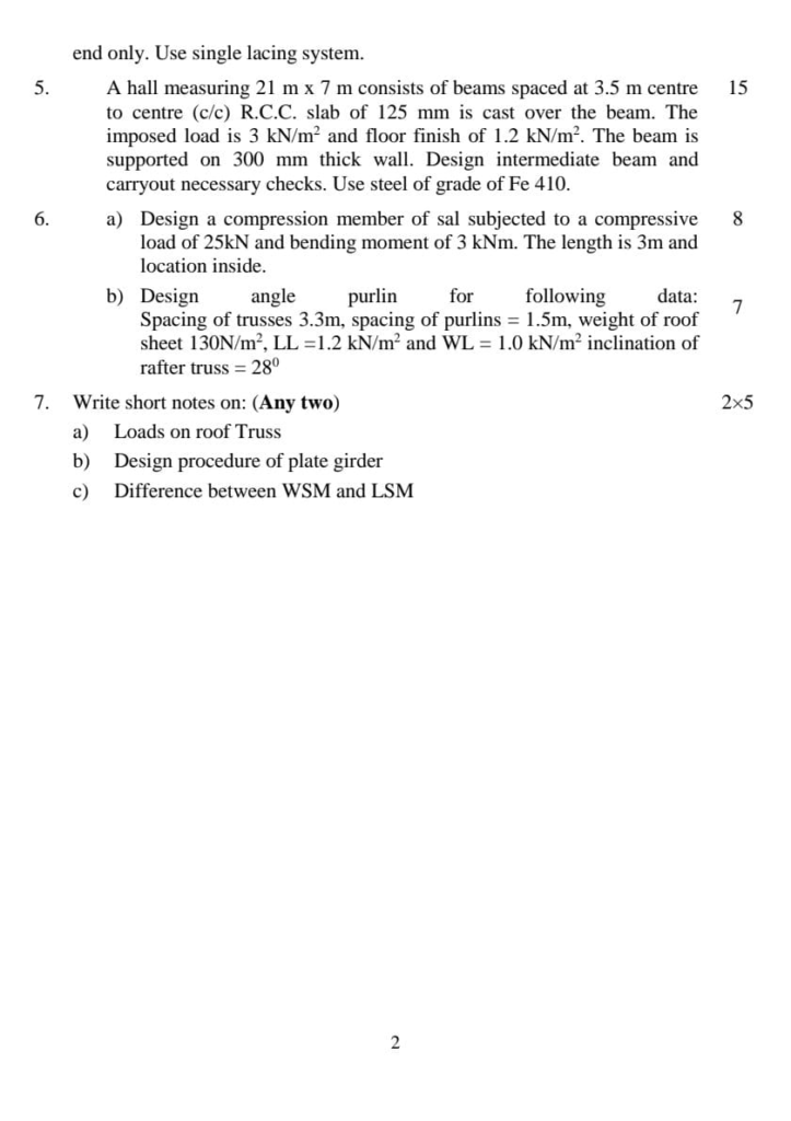 PU BE Civil Design of Steel and Timber Structure Question paper 6th Semester