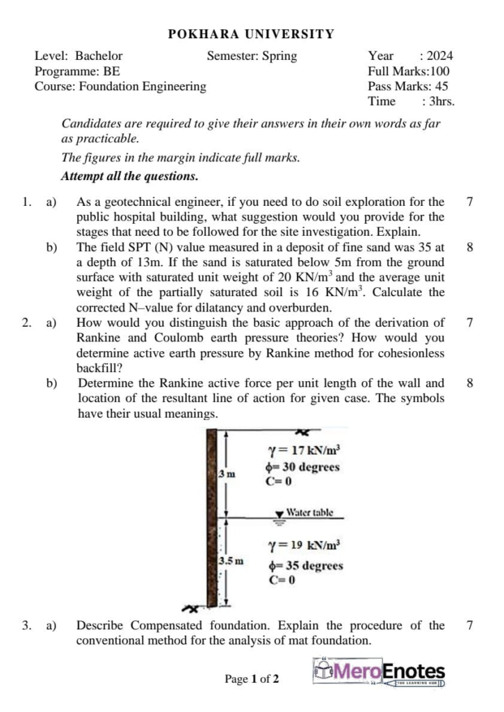 BE Civil Foundation Engineering Question Paper 2024