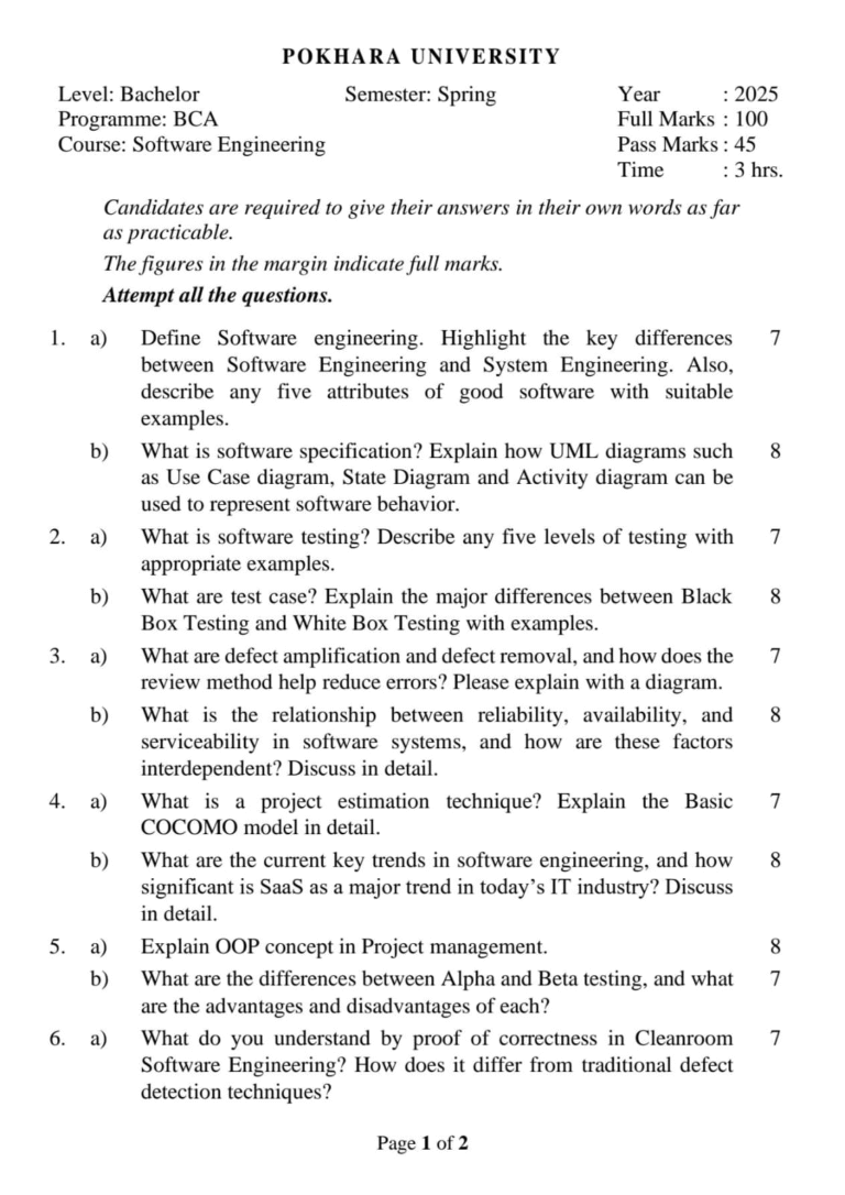 Pokhara University PU BCA Software Engineering Question Paper 4th ...