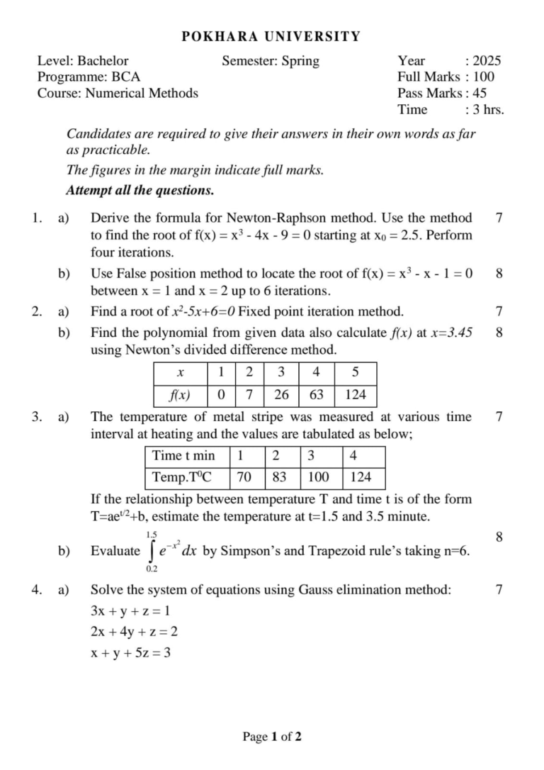 Pokhara University PU BCA Numerical Methods Question Paper - Mero Enotes
