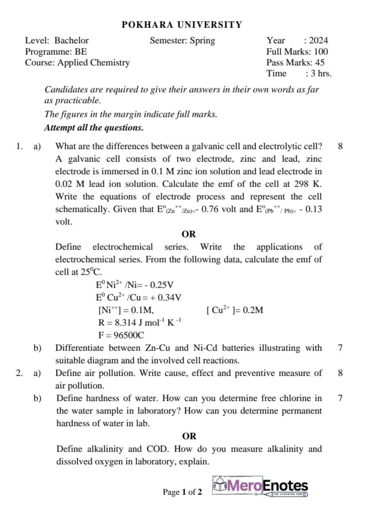 BE Civil Applied Chemistry Question Paper 2024