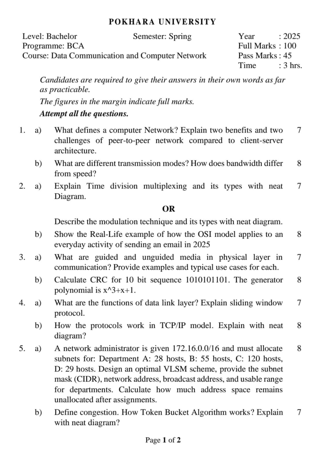 Pokhara University BCA Data Communication and Computer Network Question ...