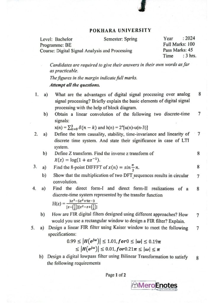 PU BE Computer Digital Signal Analysis and Processing Question paper 5th Semester