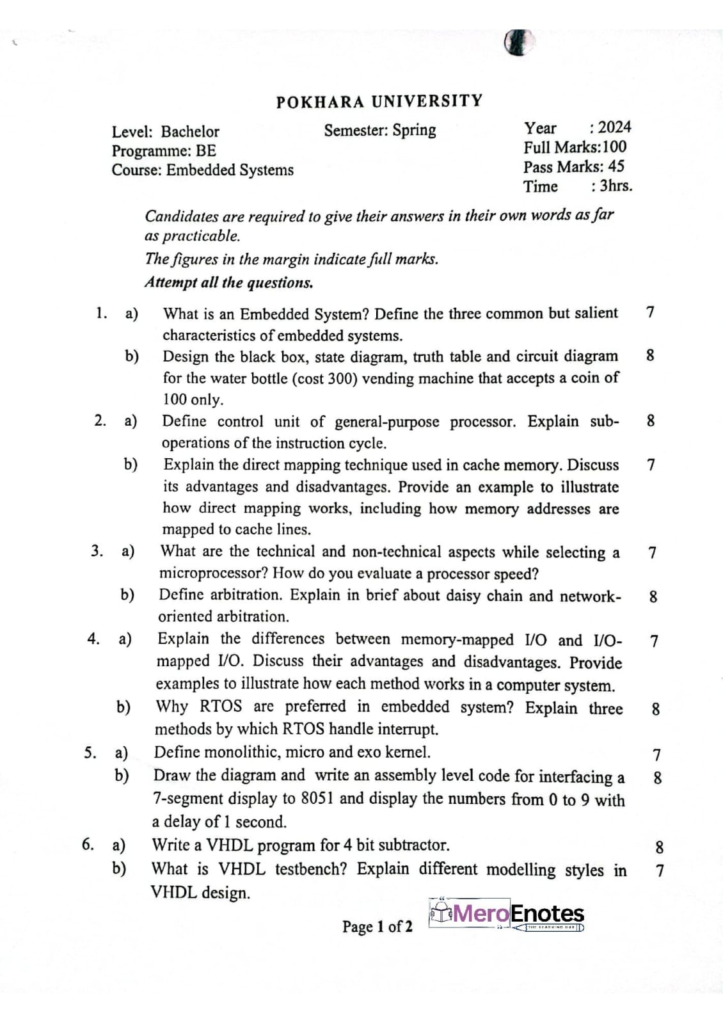 PU BE Computer Embedded System Question paper 5th Semester