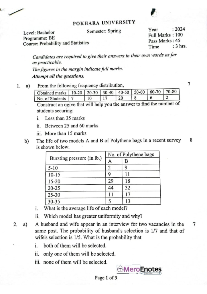PU BE Computer Probability and Statistics Question paper 5th Semester
