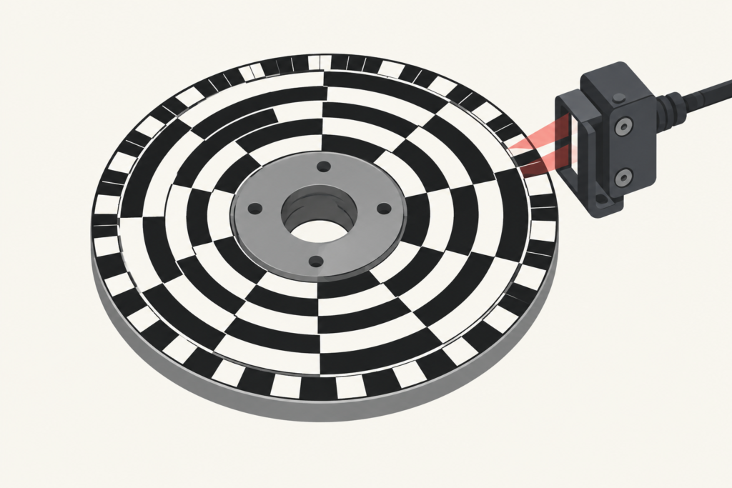 Rotary encoder disc showing Gray code track pattern
