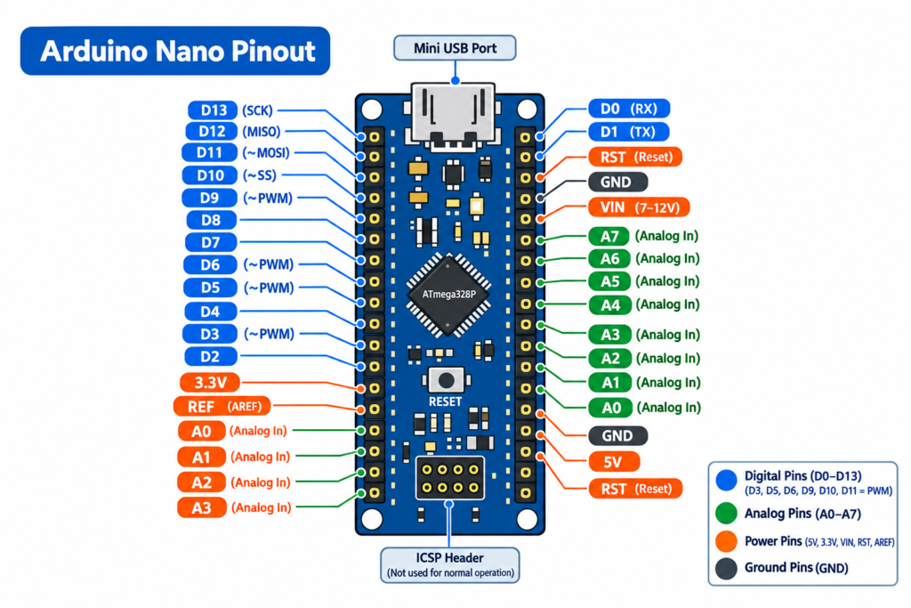 Arduino Nano pin diagram (labeled)