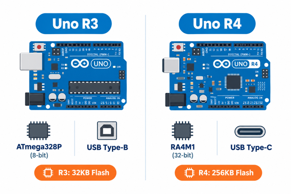 Uno R3 vs Uno R4 side-by-side