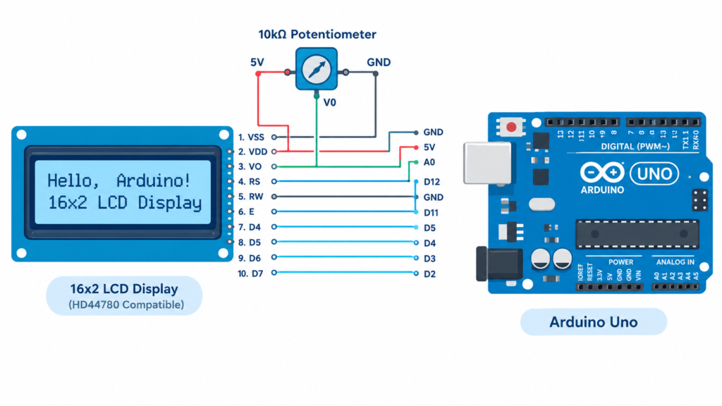Wiring diagram: 16x2 LCD to Arduino (4-bit mode)