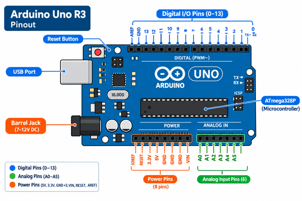 Arduino Uno pin diagram (labeled)
